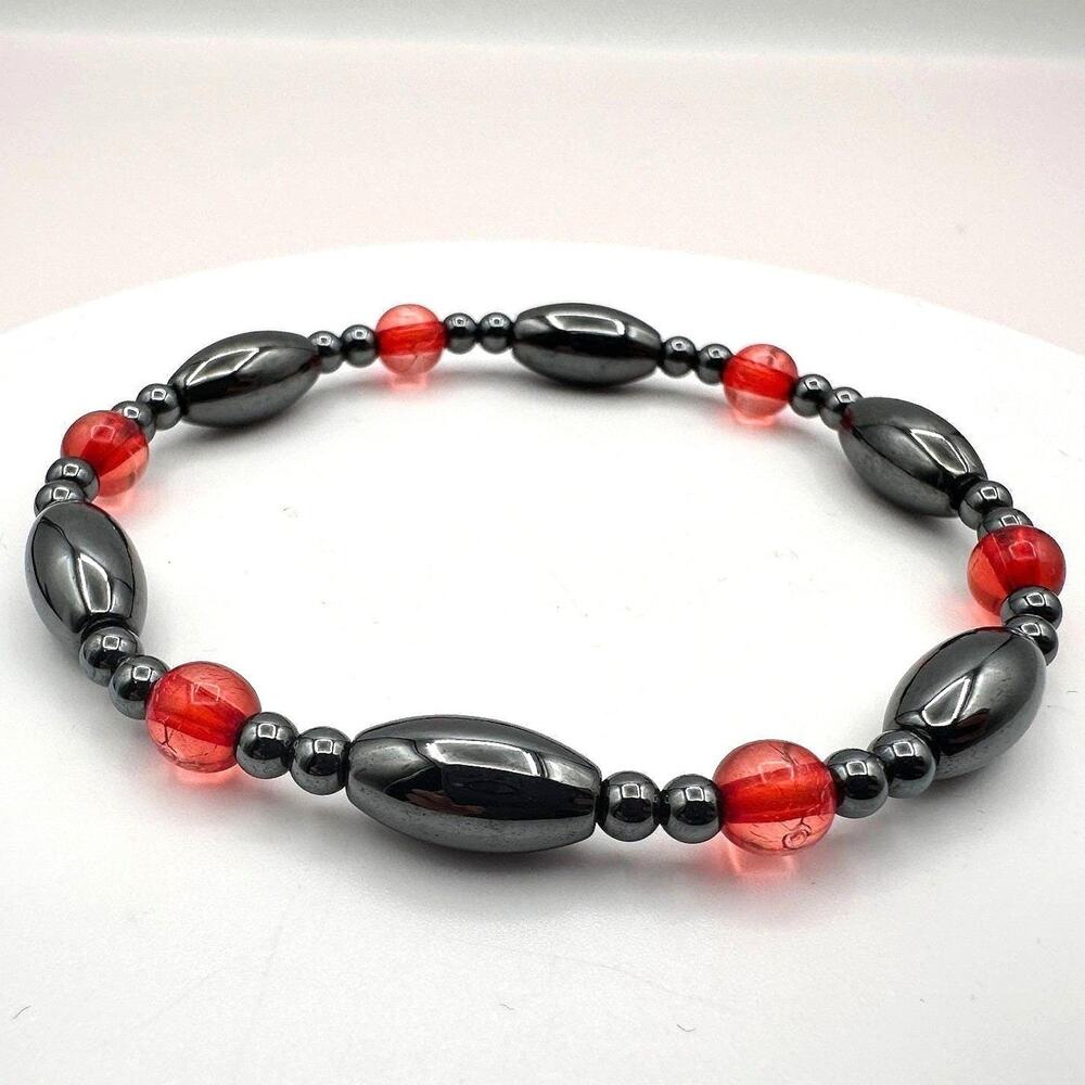 Vintage 90s Hematite Red Glass Bead Stretch Bracelet Classic Fashion Jewelry Y2K